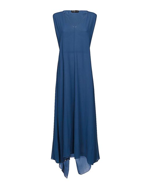 Cortana Blue V-neck Long Silk Dress