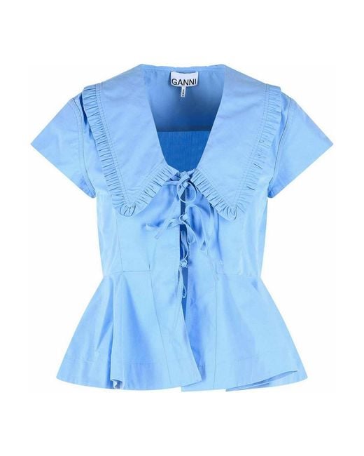 Ganni Blue Cotton Poplin Blouse