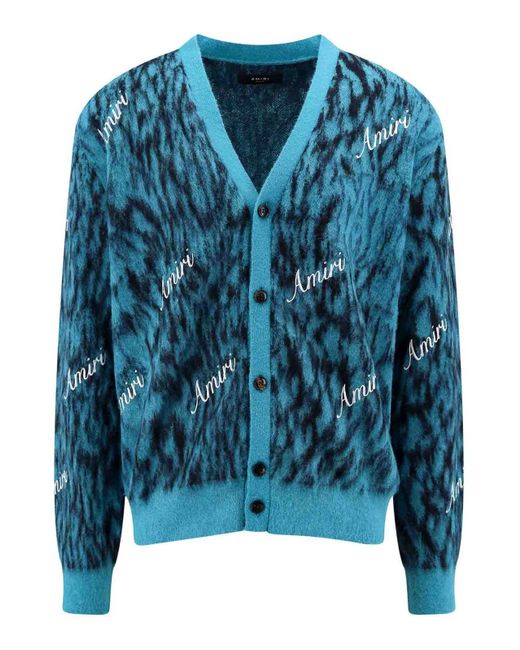 Amiri Blue Mohair Blend Cardigan With Embroidered Logo for men