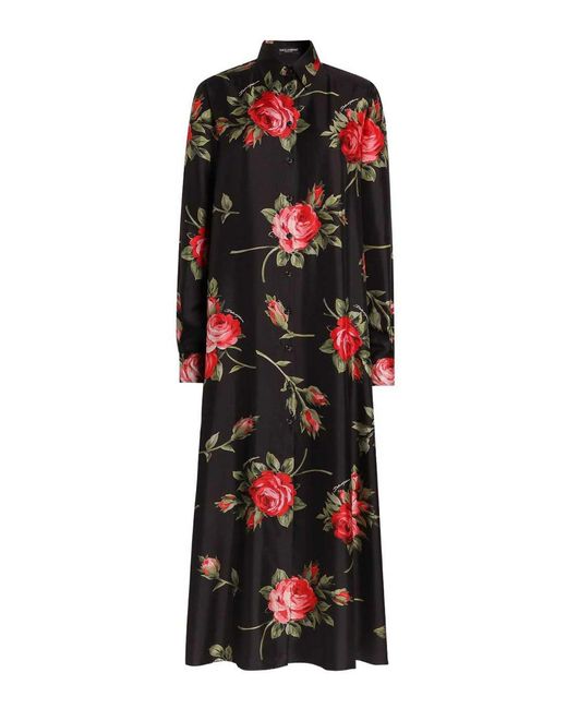 Dolce & Gabbana Red Rose Bouquet-Print Long Twill Dress