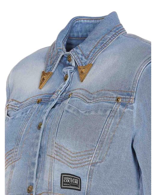 Versace Blue Denim Jacket Button Classic Collar Cropped