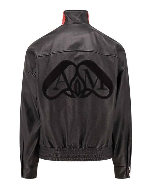 McQueen Black Leather Jacket With Contrasting Bands for men