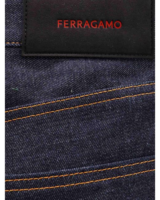 Ferragamo Blue Five Pockets Jeans With Logo Tag for men