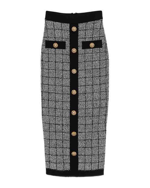 Balmain Gray Checked Tweed High-Rise Midi Pencil Skirt