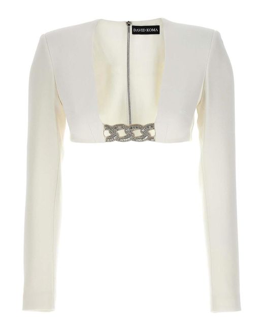 David Koma White Top 3d Crystsal Chain And Square Neck
