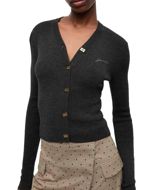 Ganni Blue Wool Cardigan With Embroidered Logo