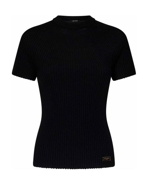 Balmain Black Extrafine Merino Wool Crewneck Top