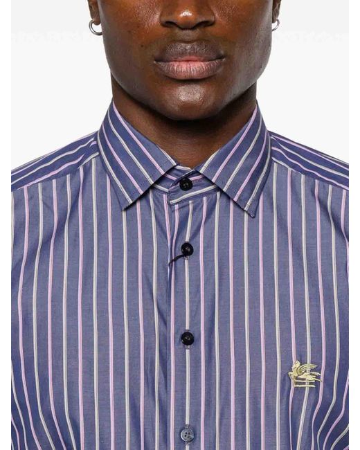 Etro Blue Vertical Striped Cotton Shirt for men