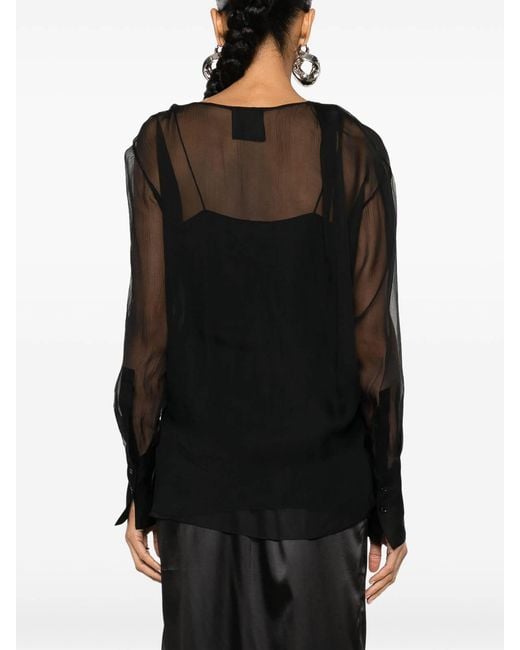 Givenchy Black Long-Sleeve Silk Wrap Blouse