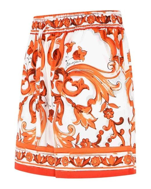 Dolce & Gabbana Orange Maiolica Print Cotton Poplin Shorts