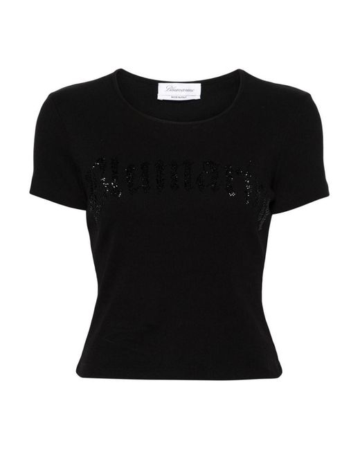Blumarine Black Logo Ribbed Cotton Cropped T-shirt