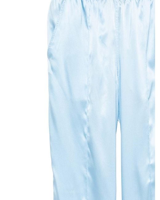 Tom Ford Blue Ice-Colored Stretch Silk Satin Pajama-Style Trousers With Velvet Waistband And Embroidered Logo
