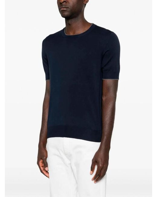 Brunello Cucinelli Blue Cotton Lightweight Knit T-Shirt for men