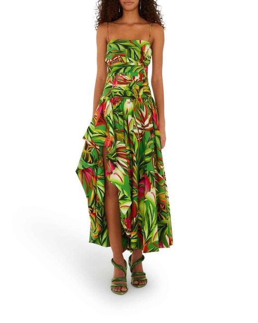 Farm Rio Green Long Tropical Dress With Thin Straps