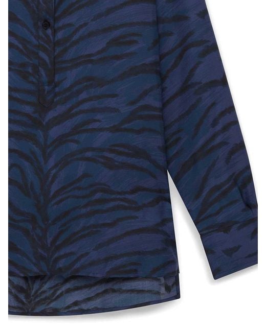Stella McCartney Blue Shirt With Mandarin Collar And Tiger Print