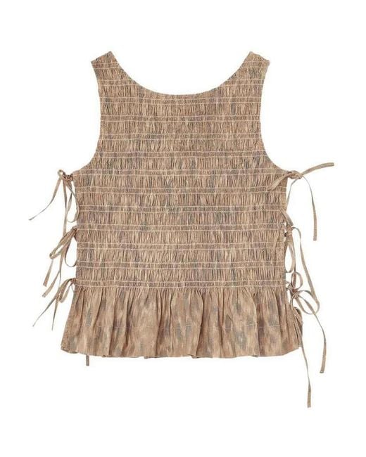 Ganni Natural Printed Stretch Cotton Smocked Tie String Top
