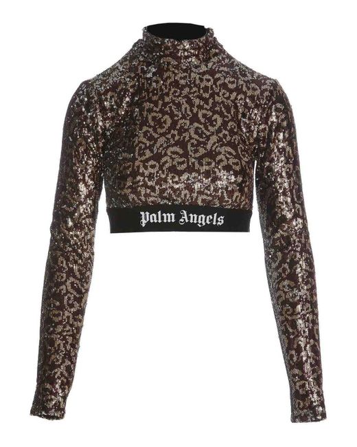 Palm Angels Black Cropped Logo Sequins Top