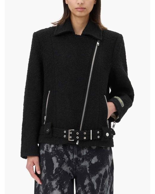 Ganni Black Boucle Wool Biker Jacket