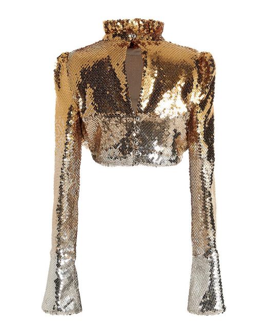 Rabanne White Sequin Top With High Ruffle Neck