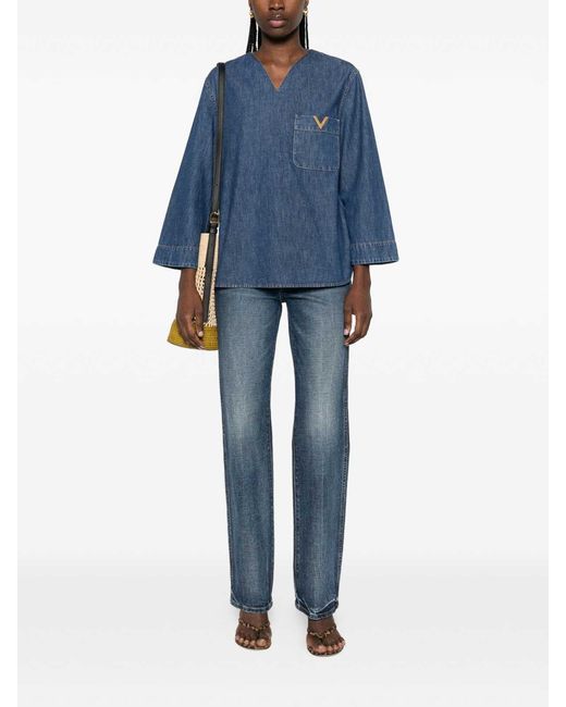 Valentino Garavani Blue Vlogo Signature Denim Blouse