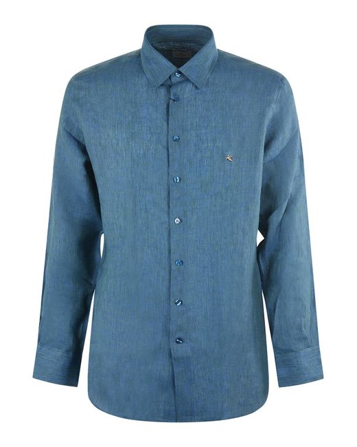 Etro Blue Embroidered Logo Linen Shirt for men