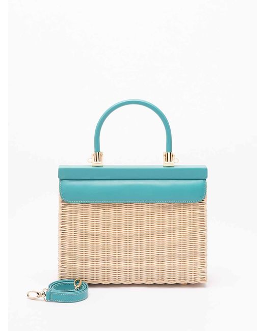 Rodo Blue Wicker And Leather Medium Handbag