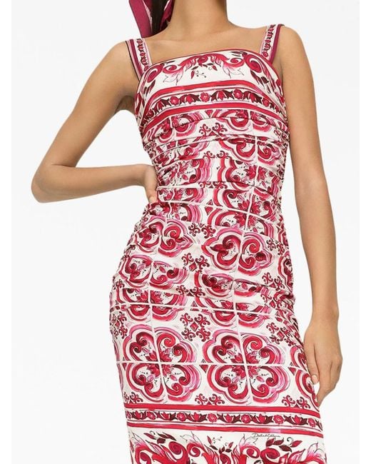 Dolce & Gabbana Red Majolica-Print Charmeuse Midi Dress
