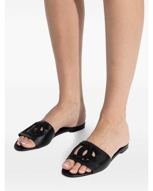 Dolce & Gabbana Black Dg Logo Leather Flat Sandals