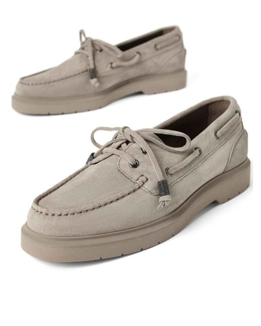 Brunello Cucinelli Gray Boat Moccasins With Jewelry Chain
