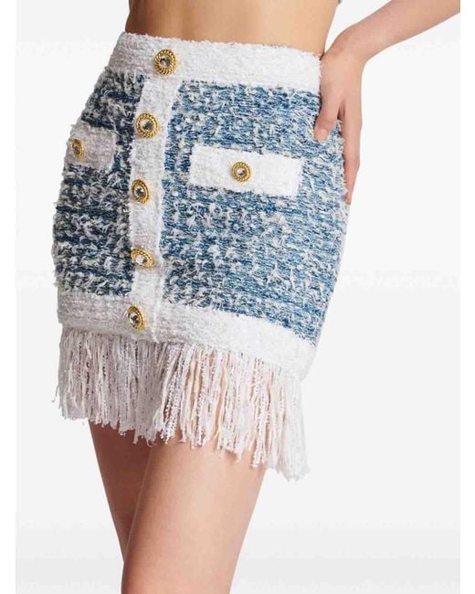Balmain Blue Fringed Denim Tweed Skirt