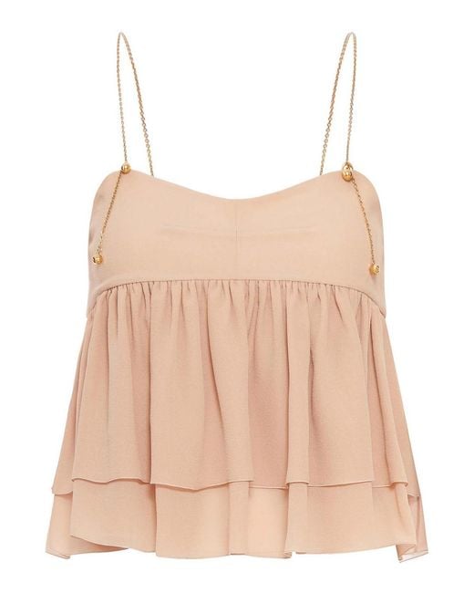 Chloé Natural Sleeveless Silk Georgette Top With Ruffles