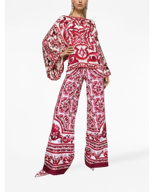 Dolce & Gabbana Red Majolica-Print Crewneck Blouse