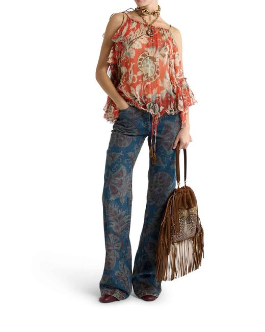 Etro Red Single-Sleeved Silk Top With Floral Pattern
