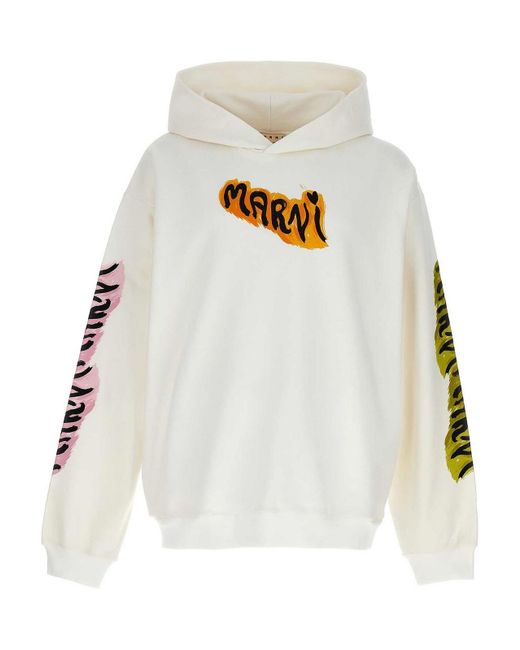 Marni White Logo Print Hoodie for men