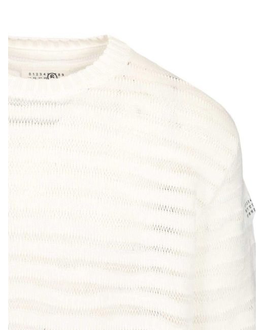 MM6 by Maison Margiela White Open Knit Stripe Cotton Crewneck Sweater for men