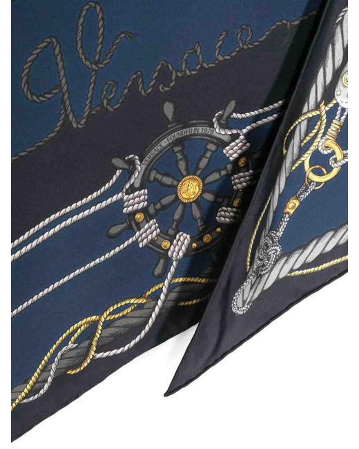 Versace Blue Triangle Foulard 130x60 Side 90 Nautical Print Bio Silk Twill Accessory Accessories for men