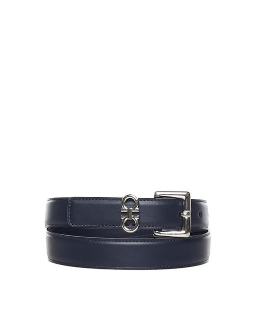 Ferragamo Blue Leather Belt With Double Gancini