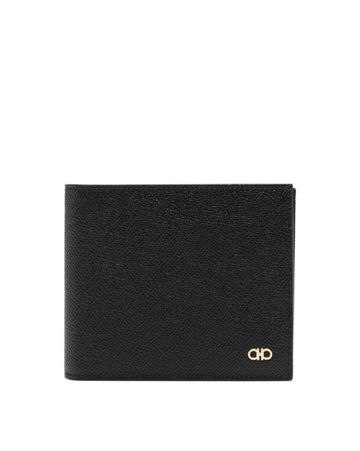 Ferragamo Black Gancini-Plaque Grained Leather Wallet for men