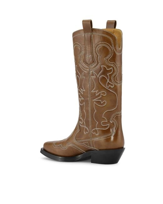 Ganni Brown Mid Shaft Embroidered Tan Western Boot