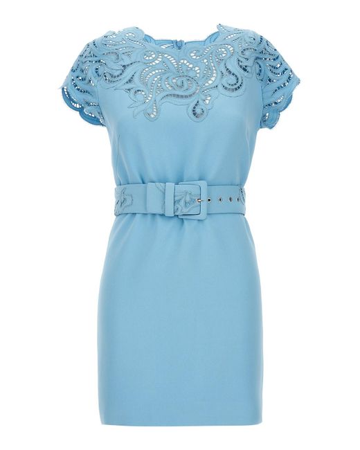 Ermanno Scervino Blue Lace-Detail Mini Dress With Round Neckline