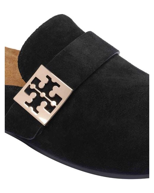 Tory Burch Black Suede Slip-On Mules Logo Hardware