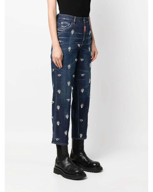 DSquared² Blue Crystal-Embellished High-Rise Straight-Leg Cropped Jeans