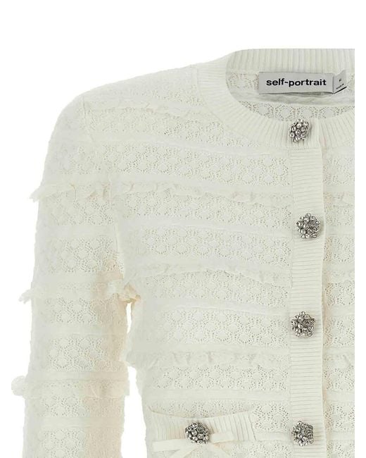 Self-Portrait White Pointelle Diamante Cardigan