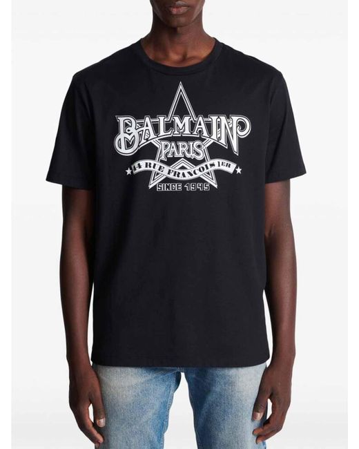 Balmain Black Logo Print Crew Neck T-shirt for men