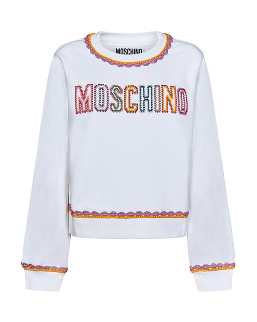 Moschino White Sweater With Multicolour Edges And Logo