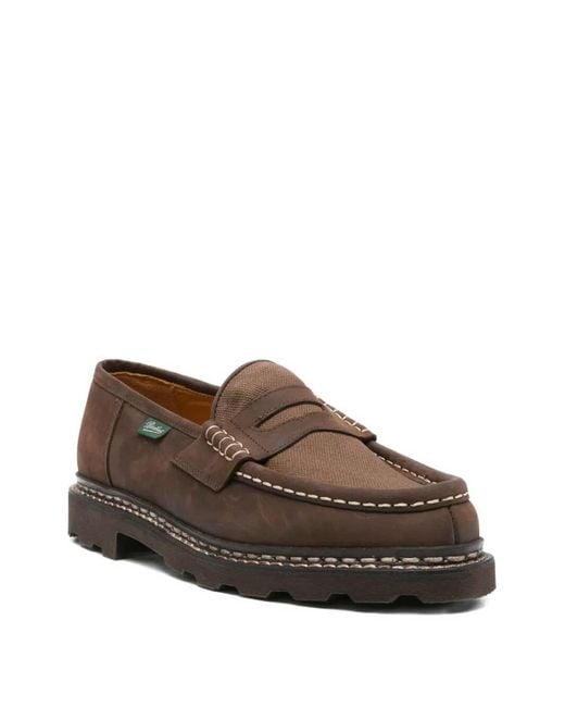 Paraboot Brown Reims Suede Loafers With Canvas Inserts for men