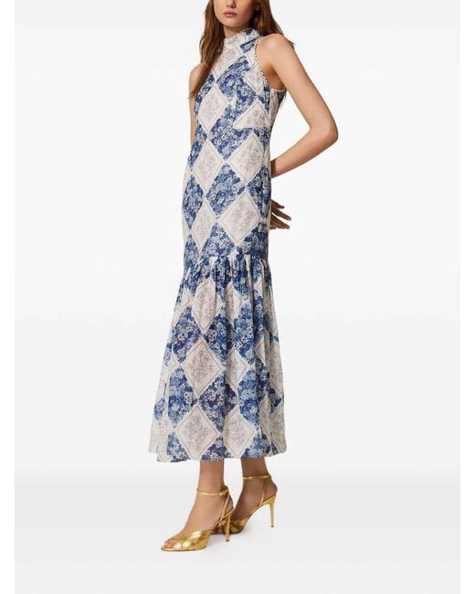 Twinset Blue Floral Print Long Dress With Pleated Details