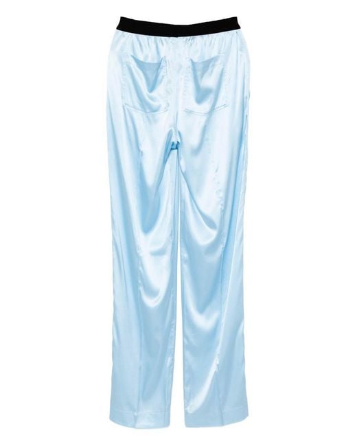 Tom Ford Blue Ice-Colored Stretch Silk Satin Pajama-Style Trousers With Velvet Waistband And Embroidered Logo