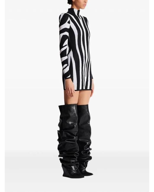Balmain Black Short Knit Dress With Zebra Intarsia