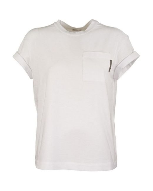 Brunello Cucinelli White Rhinestones Detailed Chest Pocket T-Shirt
